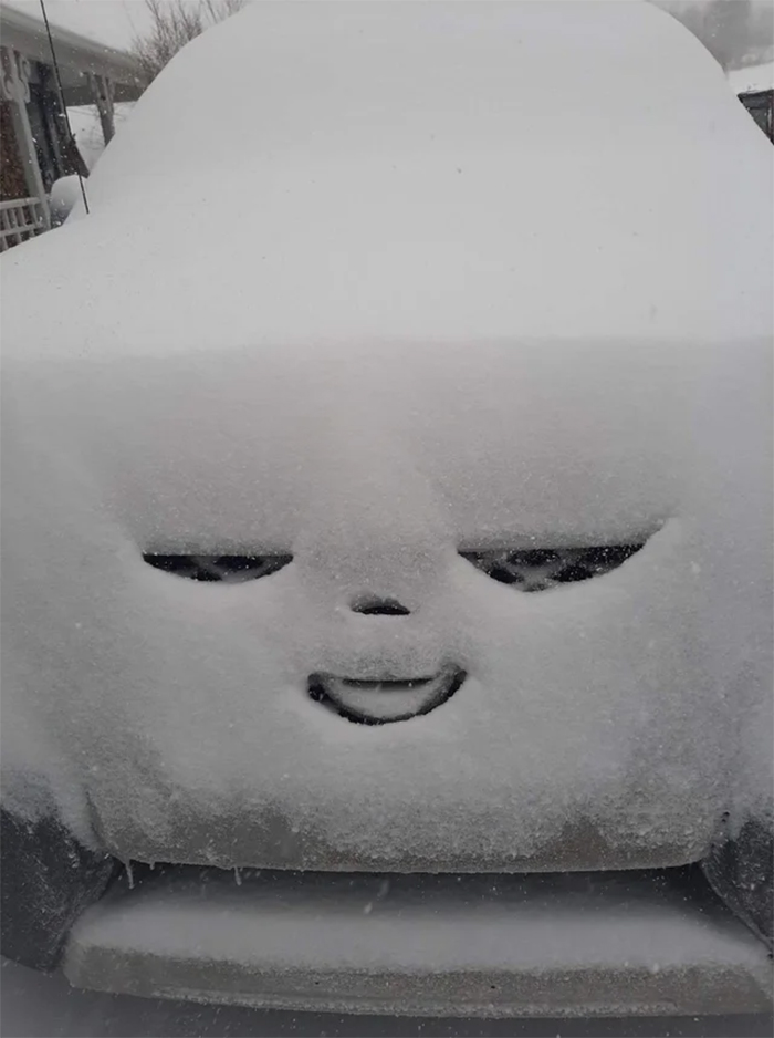 funny pareidolia snow covered car smiles
