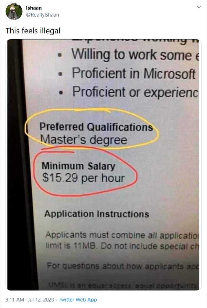 low pay for masters degree applying for a job