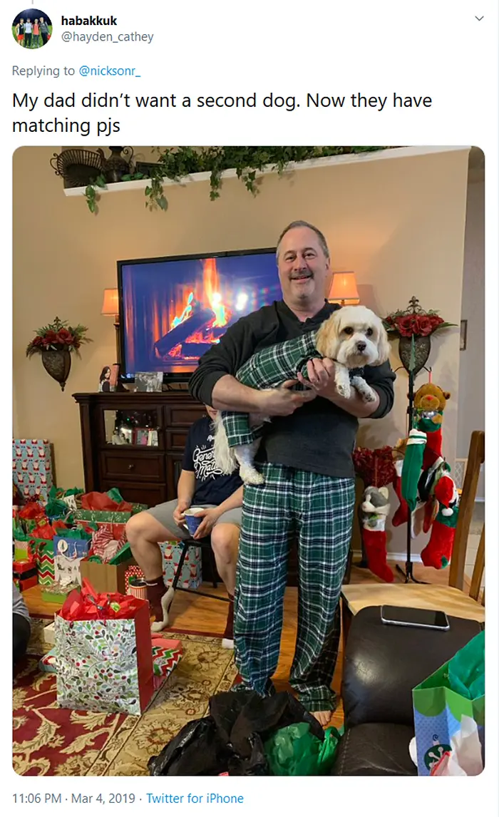 man and dog with matching pajamas