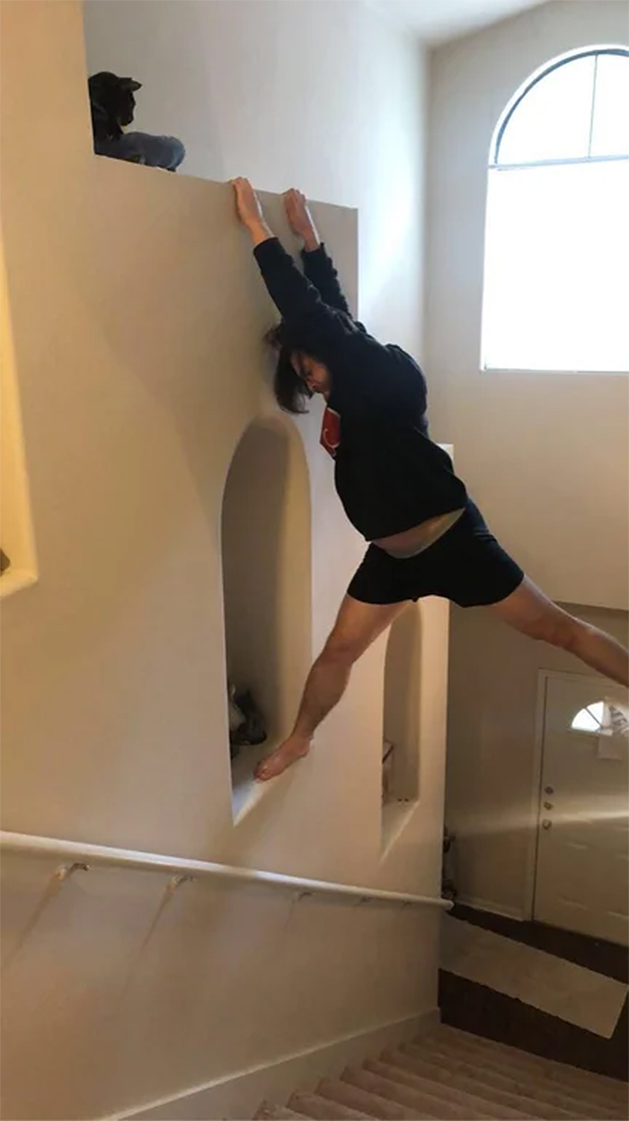 man indoor climbing to reach cat