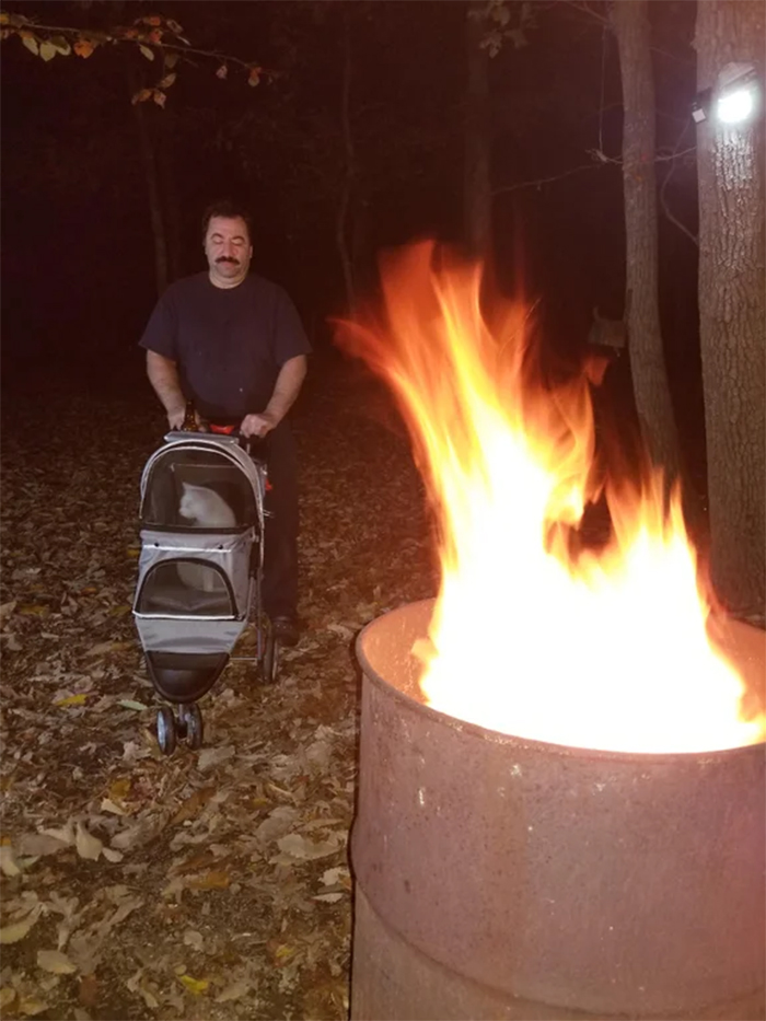 man takes his cat on a stroller