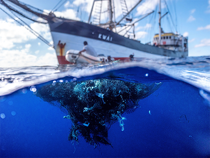 ocean plastic floating fishing nets