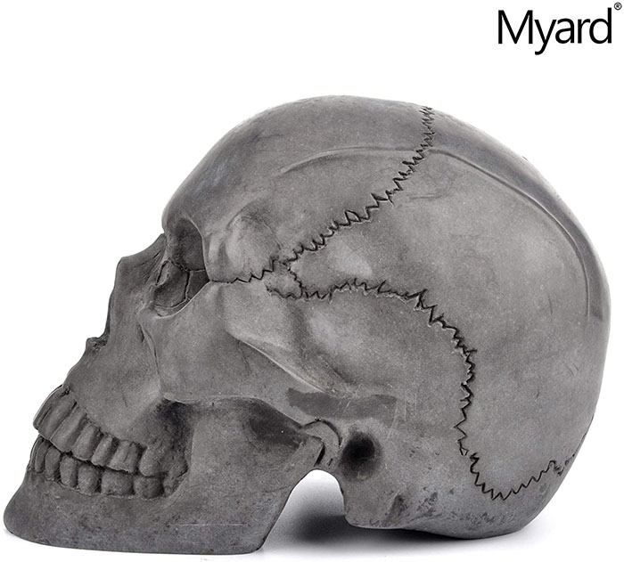 side view of black fireproof skull