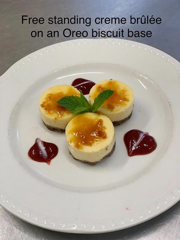 care home head chef dishes creme brulee oreo