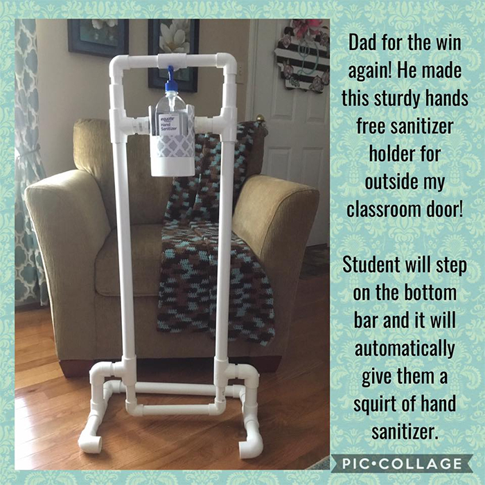 dad makes hand sanitizer dispenser outside classroom door