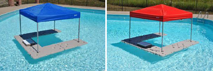 floating bar with blue and red canopy