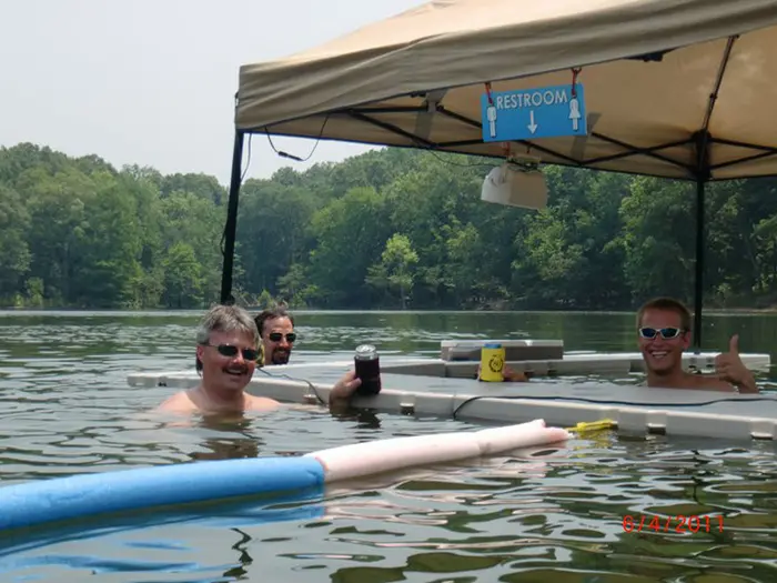 floating bar with restroom sign