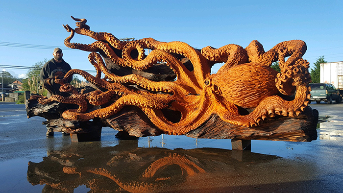 giant octopus carving by jeffrey michael samudosky