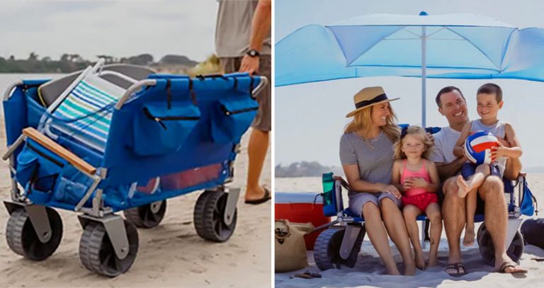 This 3-in-1 Beach Wagon Transforms Into A 2-Person Chair Shaded By An