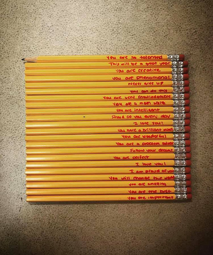 pencils with encouraging words of affirmation from a thoughtful parent