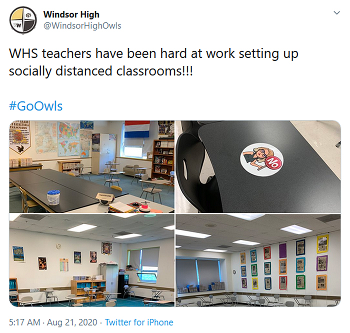 teachers prepare socially distanced classrooms