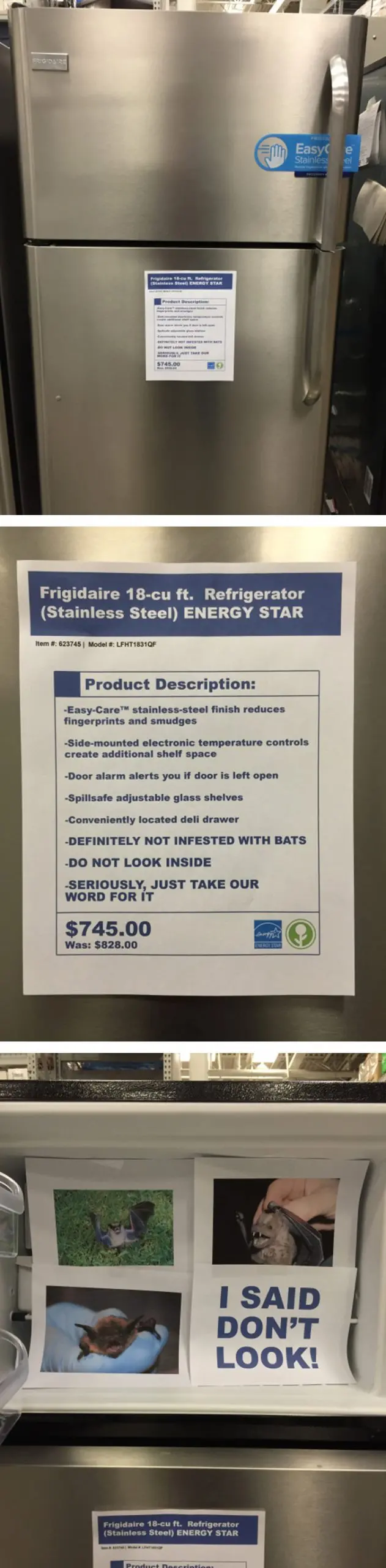 appliance store employees post hilarious signs on a fridge