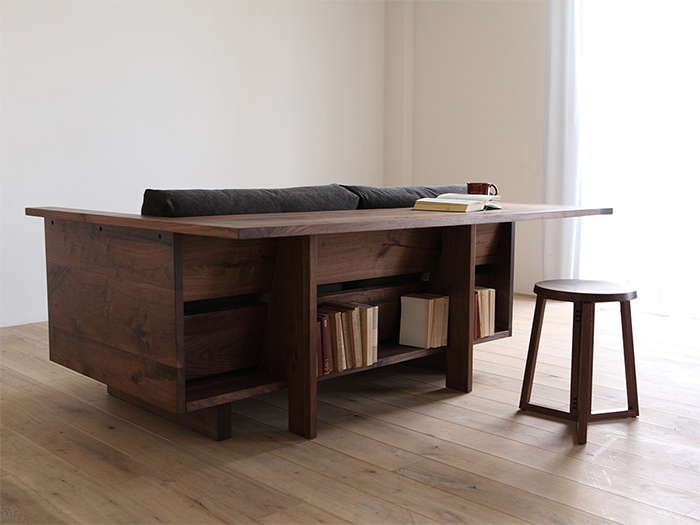 couch table with bookshelves