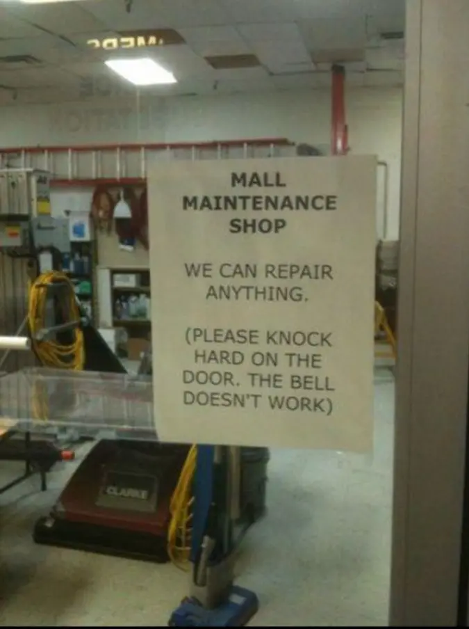 funny shops ironic sign outside mall maintenance shop