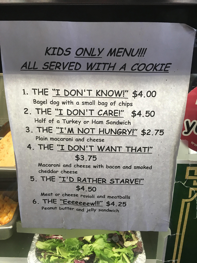 kids only menu at sandwich shop