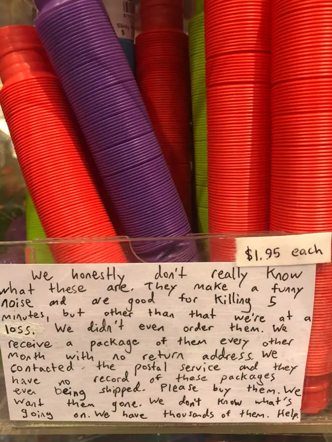 funny shops toy store posts a sign begging shoppers to buy cups
