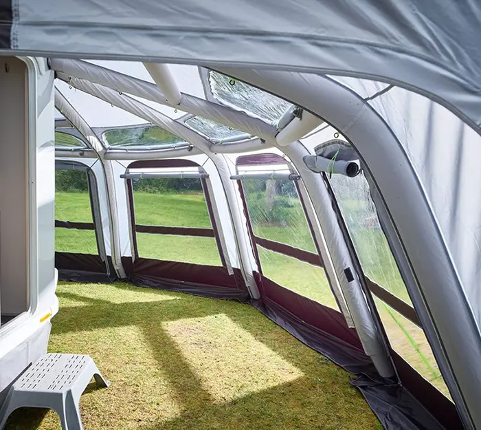 inflatable awning with a wrap-around shape