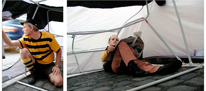 man and woman inside a portable shelter collage