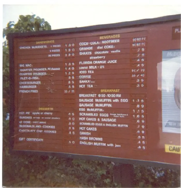 mcdonald's drive thru menu in the '80s