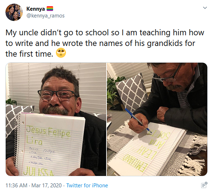 wholesome pics grandpa learns how to write