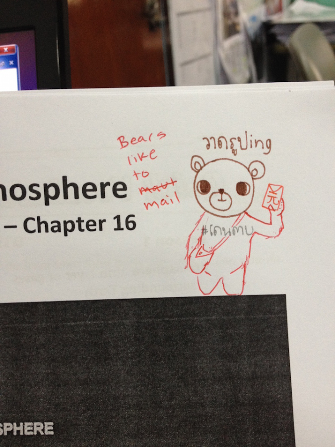 adorable bear mailan on student's workbook