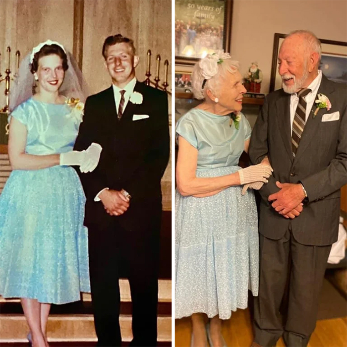 couple pic sixty years later same wedding outfits