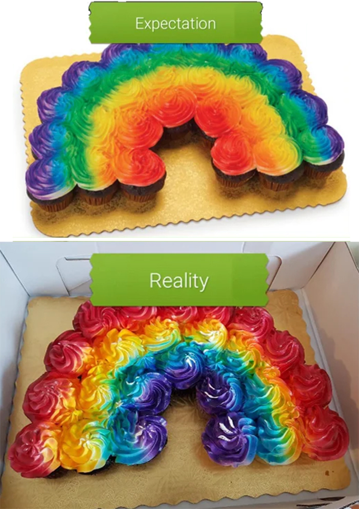 expectation vs reality exceeded rainbow cupcake cake