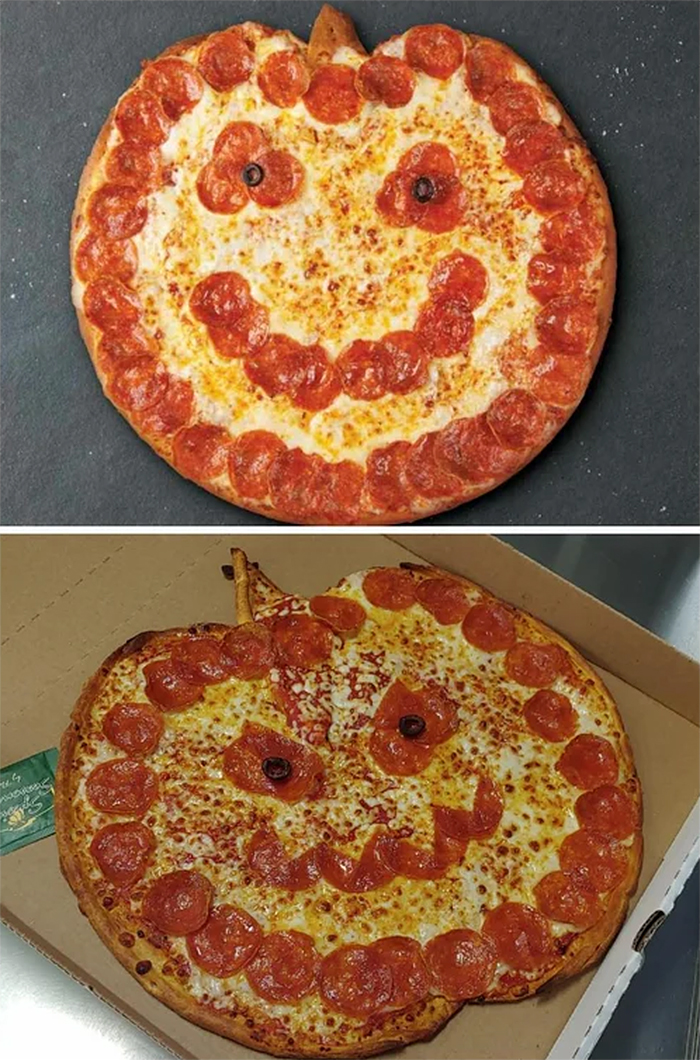 expectation vs reality jack-o-lantern pizza