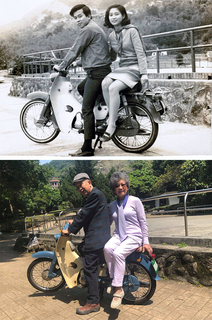 family photo recreations couple on a motorbike