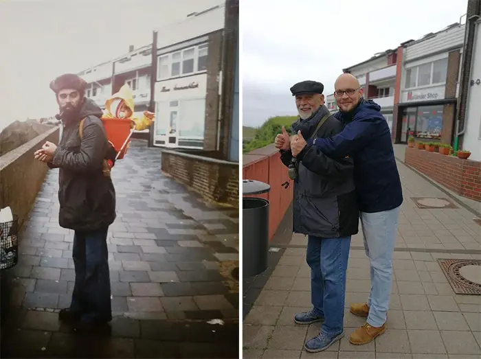 family photo recreations dad and son same spot