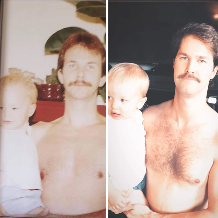 family photo recreations dad and son