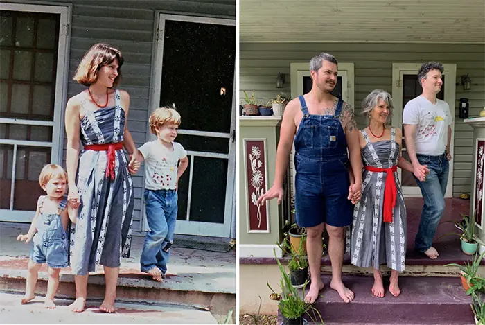 family photo recreations mom and sons