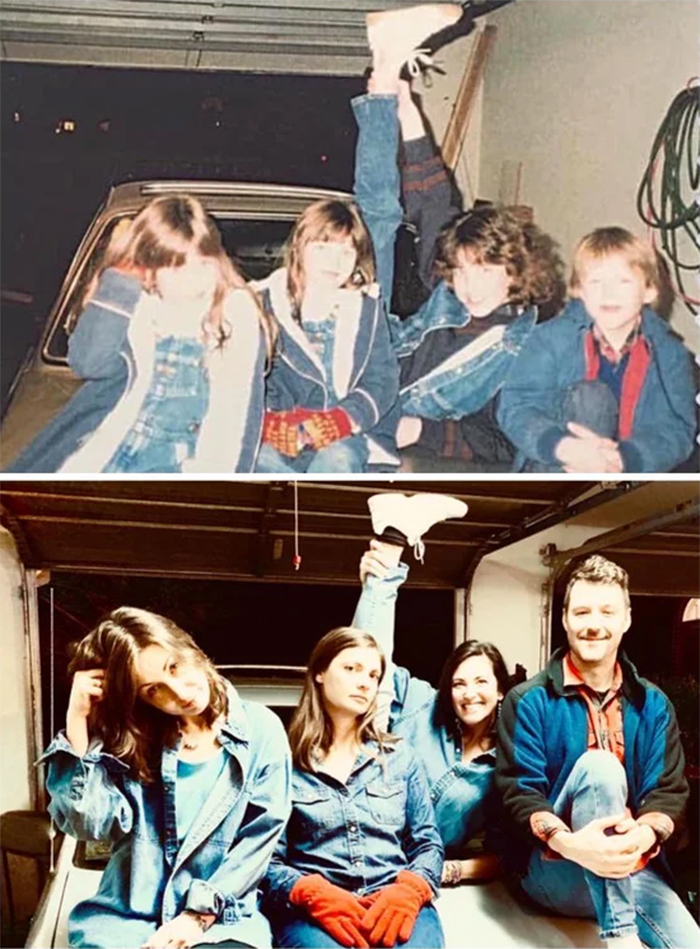 family photo recreations siblings in jeans