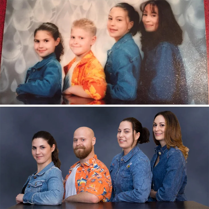 family photo recreations siblings mall photoshoot