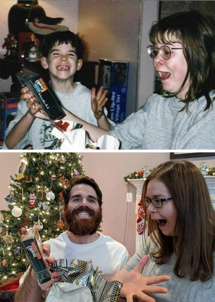 family photo recreations siblings opening gifts