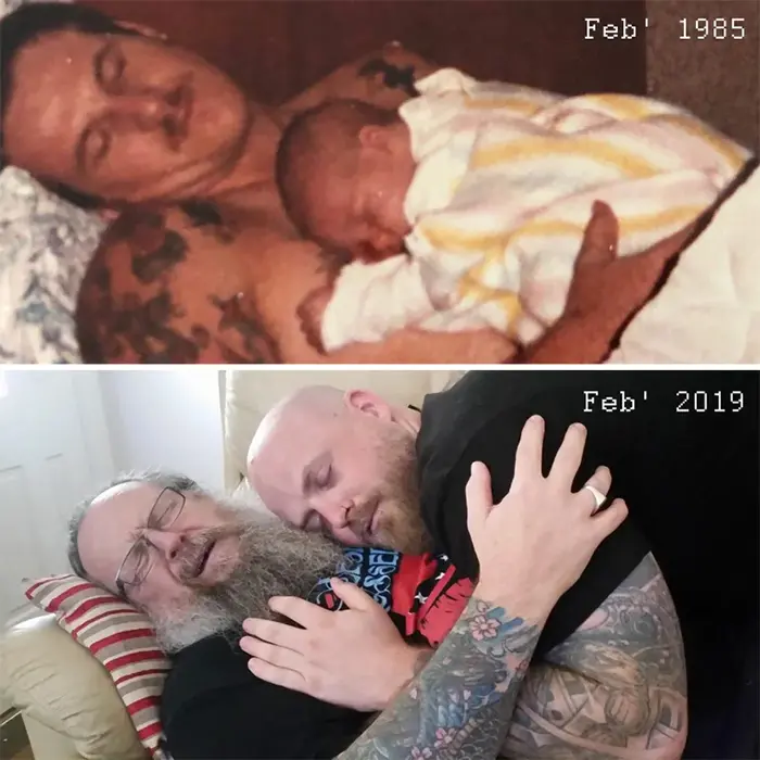 family photo recreations sleeping dad and son