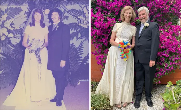 family photo recreations wife wears wedding dress