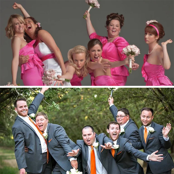 groomsmen recreate bridesmaids poster