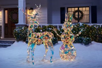 iridescent reindeer and snowman statues