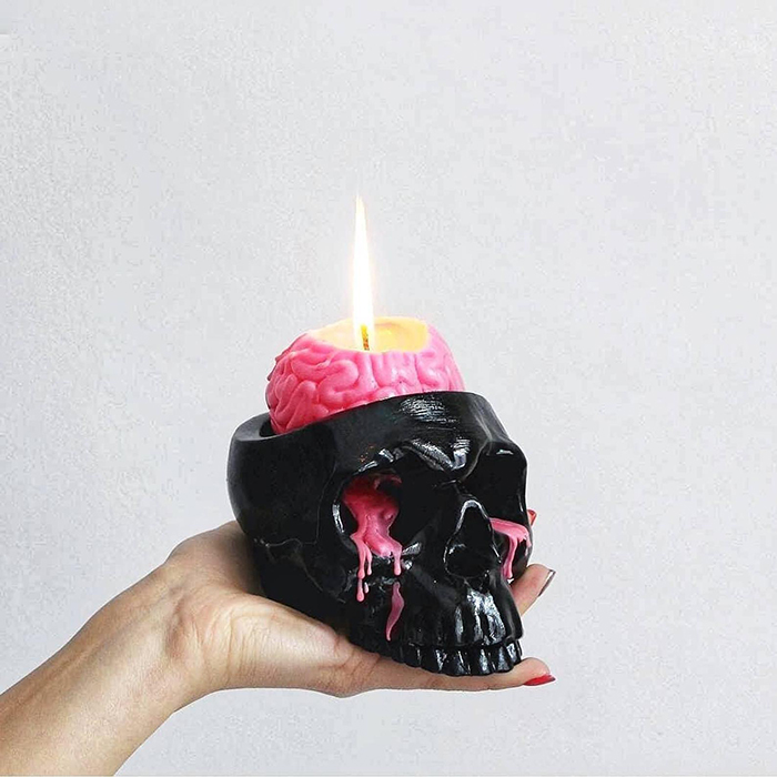 human brain candle in skull holder