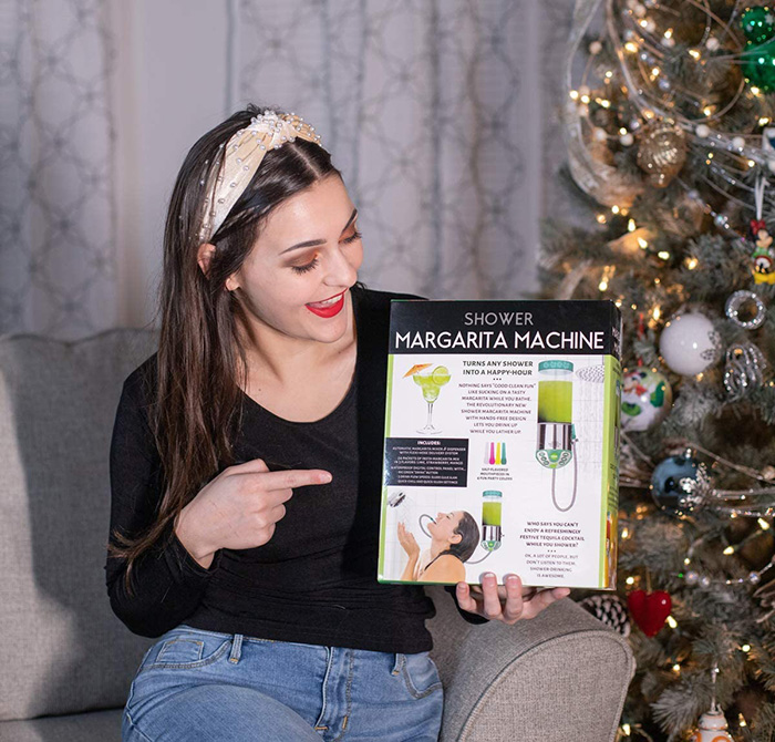 lady holding a shower margarita machine prank gift box