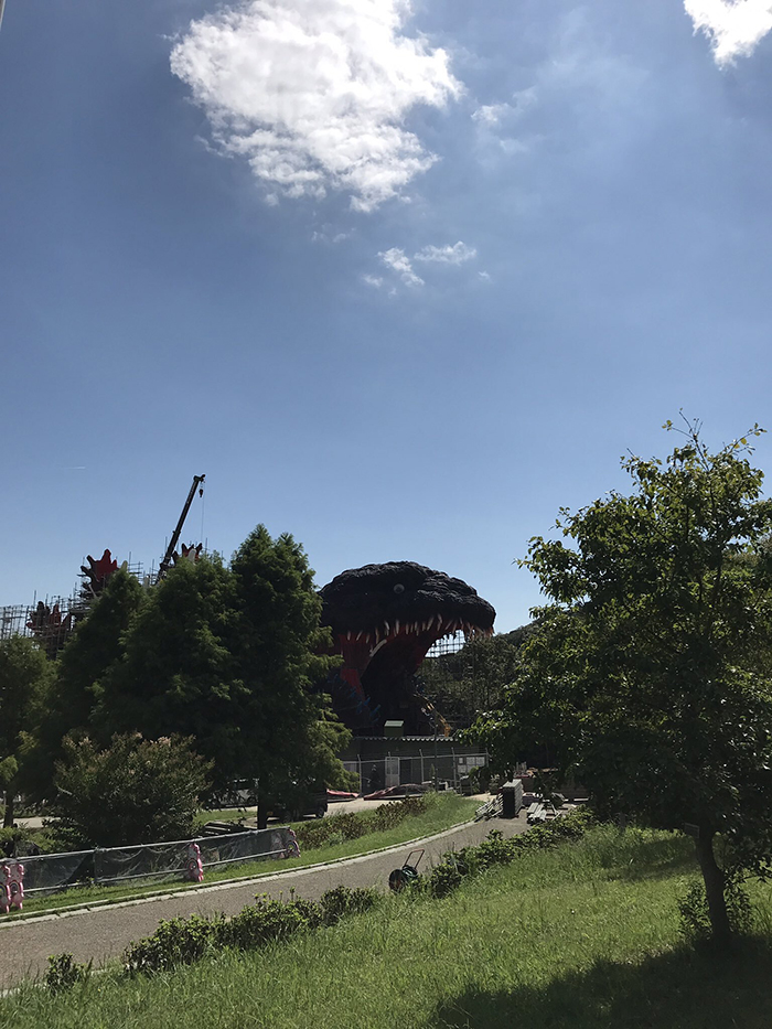 life size godzilla structure at nijigen no mori theme park by 7shine7