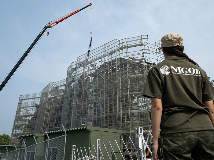 life size godzilla structure at nijigen no mori theme park under construction