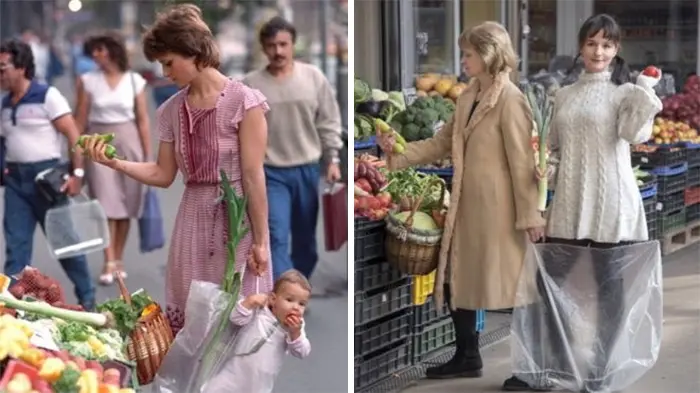 mom carries baby in a plastic bag