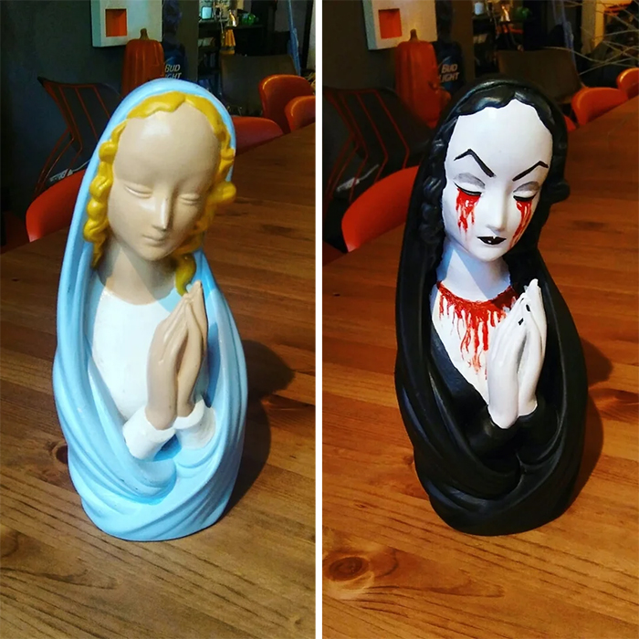 religious statue turned into spooky figure