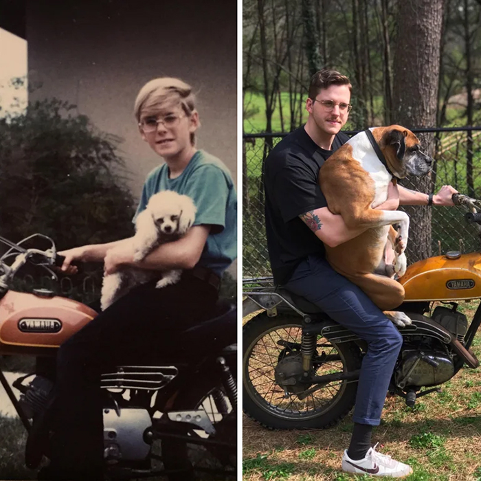 son recreates dad pic with dog