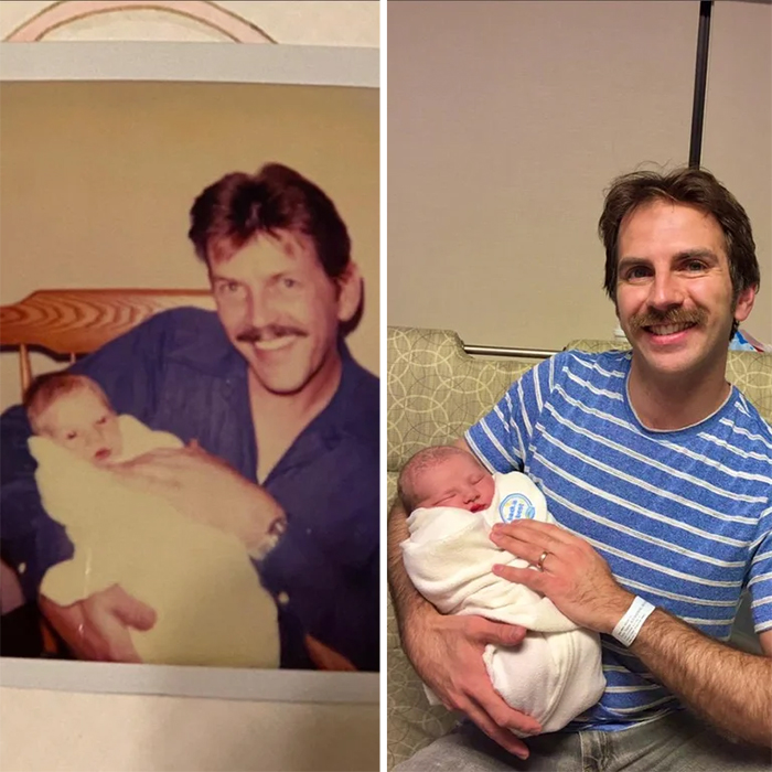 son recreates dad piic with newborn son