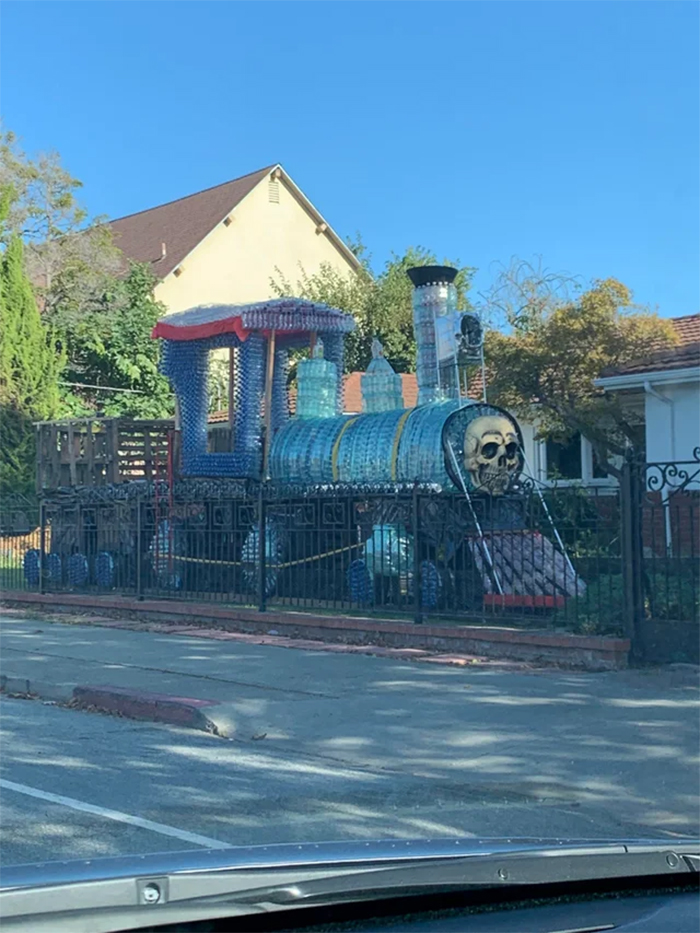 spooky train made of plastic bottles