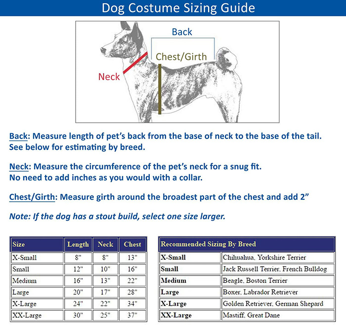 tarantula dog costume size guide