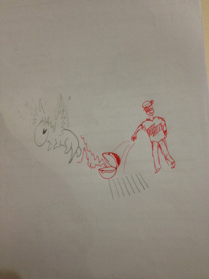 teacher doodles a boy throwing open a pokeball to complete student's drawing